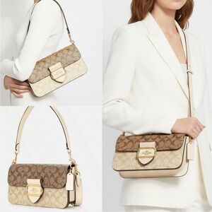 Coach Morgan Crossbody Shoulder Bag Blocked Signature Canvas Gold/Light Khaki